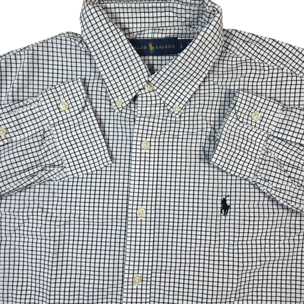 Ralph Lauren Button Down Mens Large White Black Checkered Long Sleeve business
